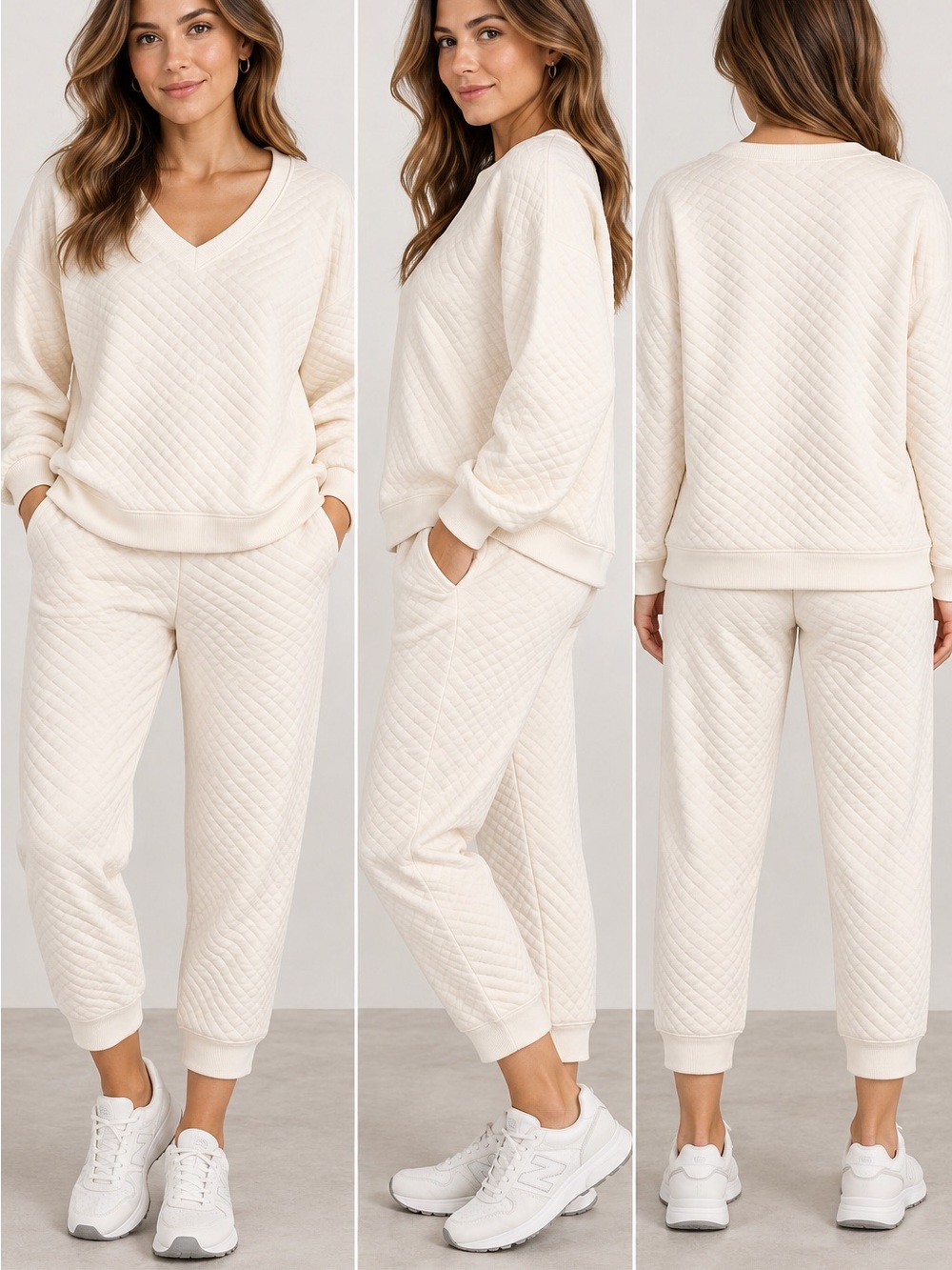 Lands' End Quilted V‑Neck Lounge Set in Creamy Ivory